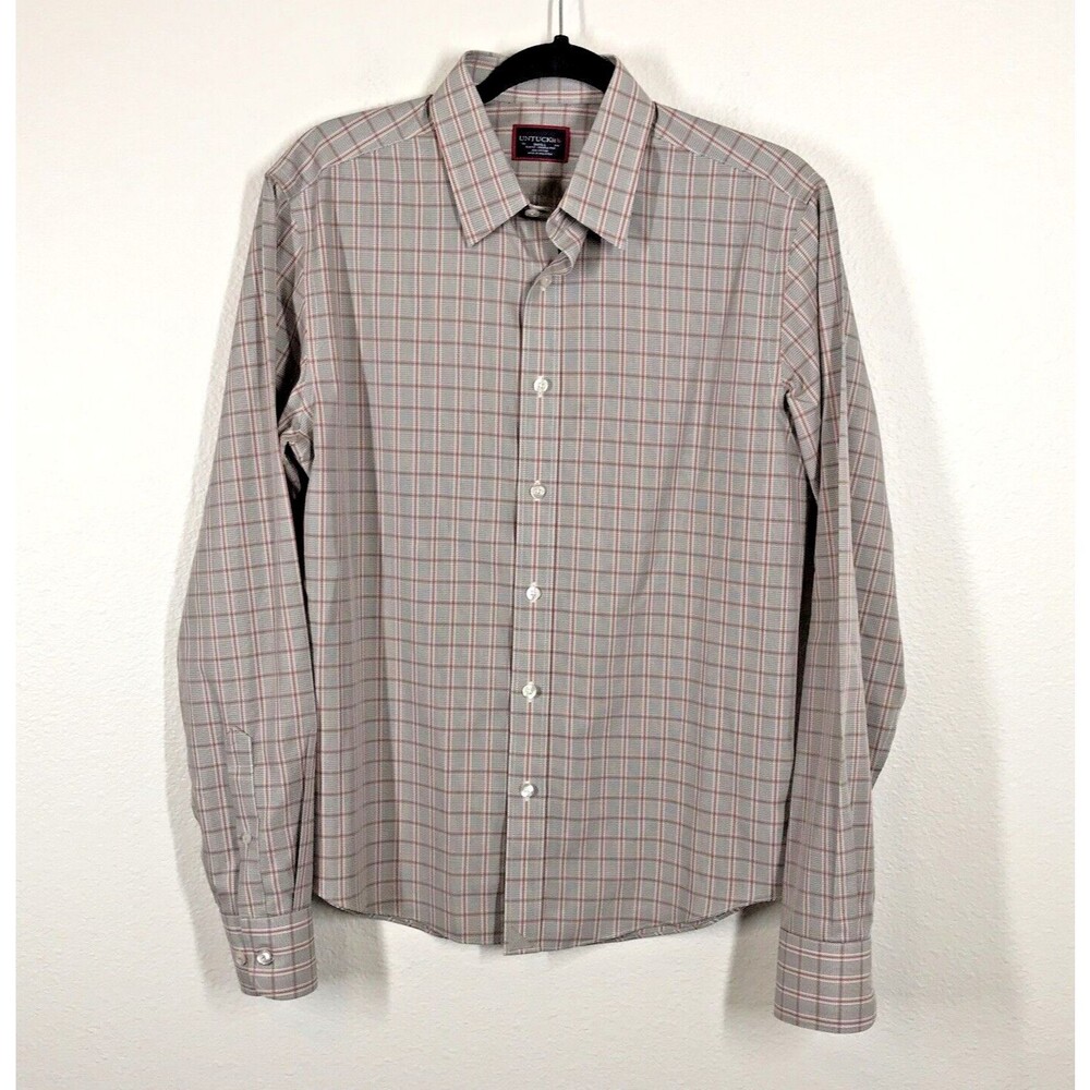 Untuck It Shirt Men's Small Slim Fit Button Up Long Sleeve Gray Red Plaid Check